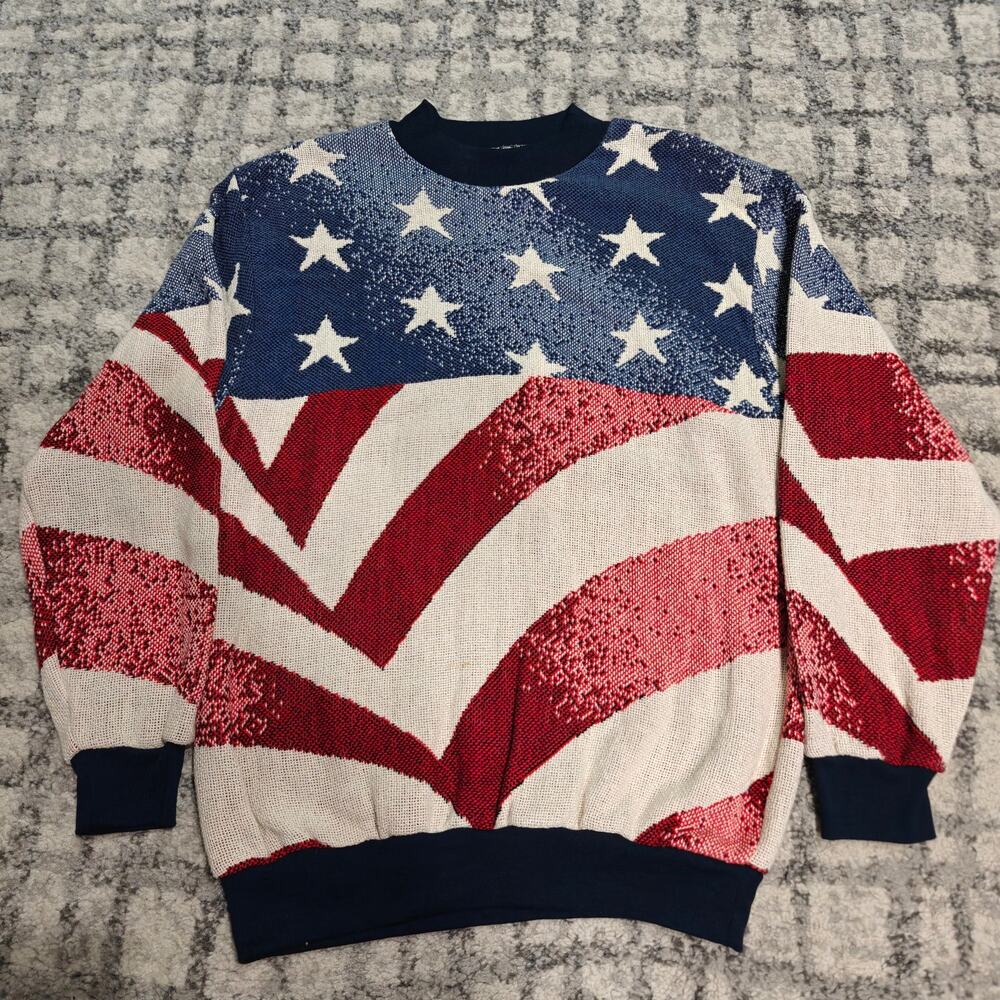 Vintage Sugar Street Weavers USA American Flag Woven Tapestry Sweater One Size